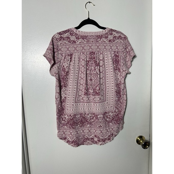 Lucky Brand Large L Pink Medallion Boho V-Neck Hi-Low Short Sleeve Blouse Top - Picture 7 of 7